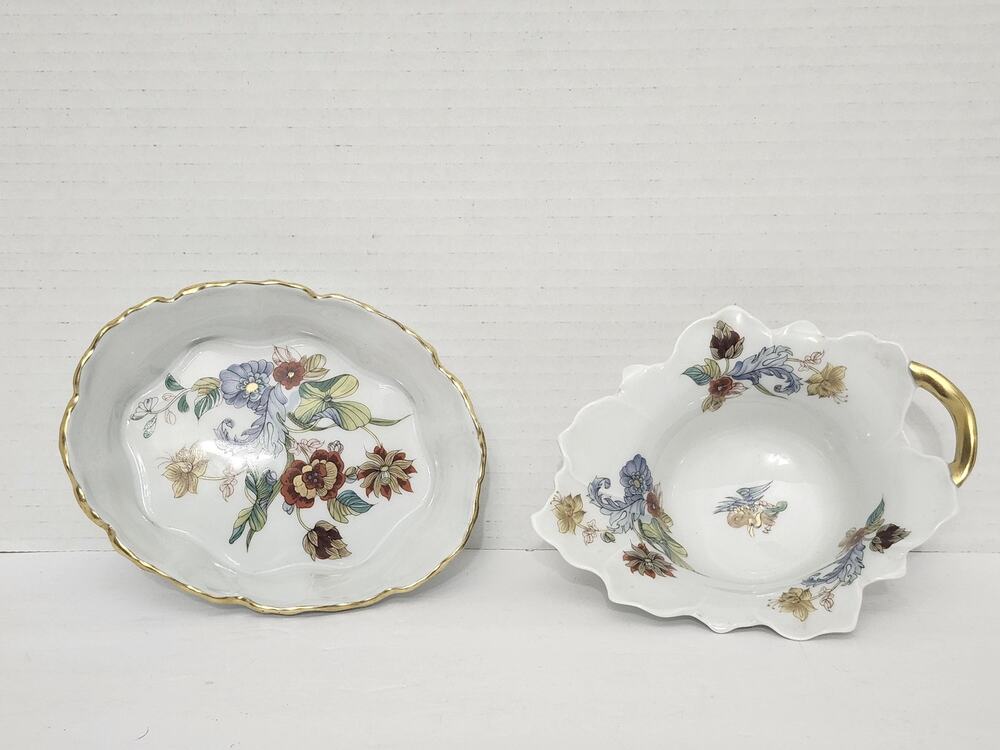Vintage Fine Porcelain Floral Trinket Dish Bowl Set Gold Trim